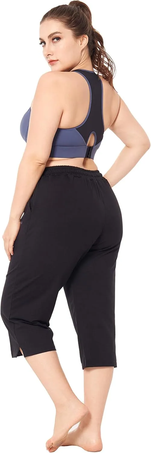 ZERDOCEAN Women's Plus Size Active Yoga Lounge Indoor Jersey Capri Walking Crop Pants with Pockets Drawstring